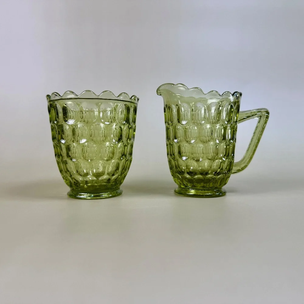 UV Reactive Fenton Green Thumbprint Glass Creamer & Sugar Bowl Set - Picture 4 of 16